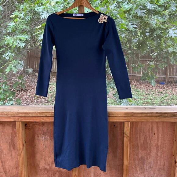 Zara Women's Plain Knit Midi Dress Duck Blue Size S. NEW - Picture 1 of 7